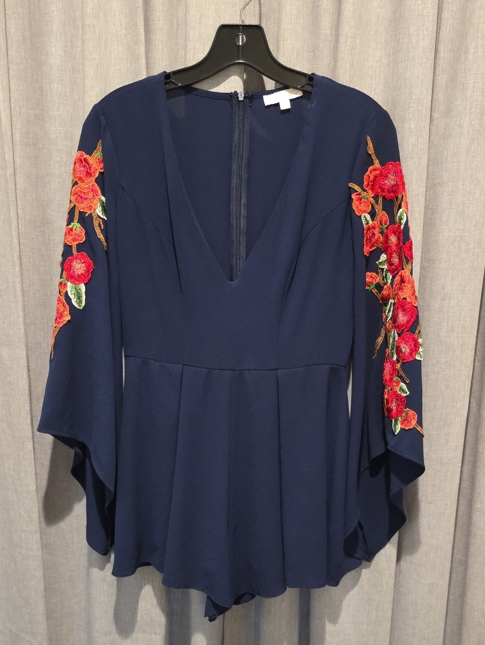 Luxxel Kiss The Sky Navy V-Neck Long Sleeve Romper with Red Floral Embroidery